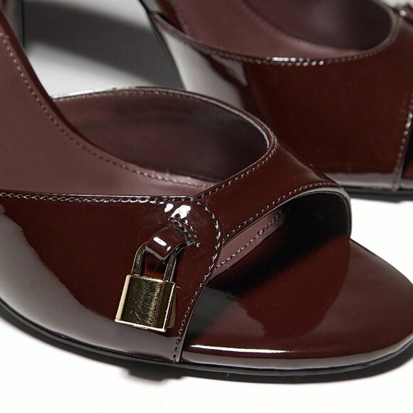 Chocolate Brown Elegant Women's Slip-On Heeled Sandals With Lock Decor - Picture 6 of 6
